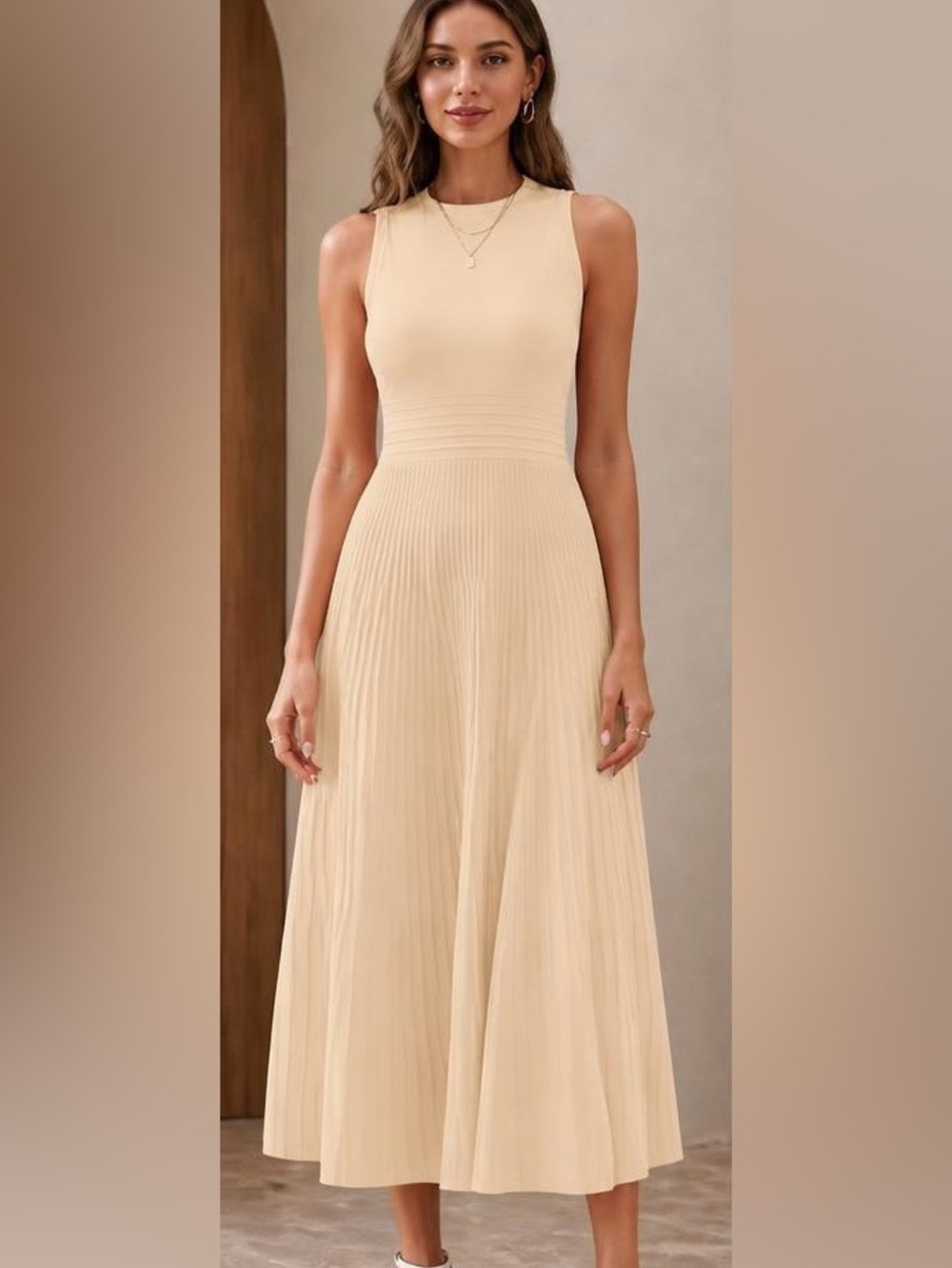 BCBGMAXAZRIA Sleeveless Pleated Midi Dress in Beige